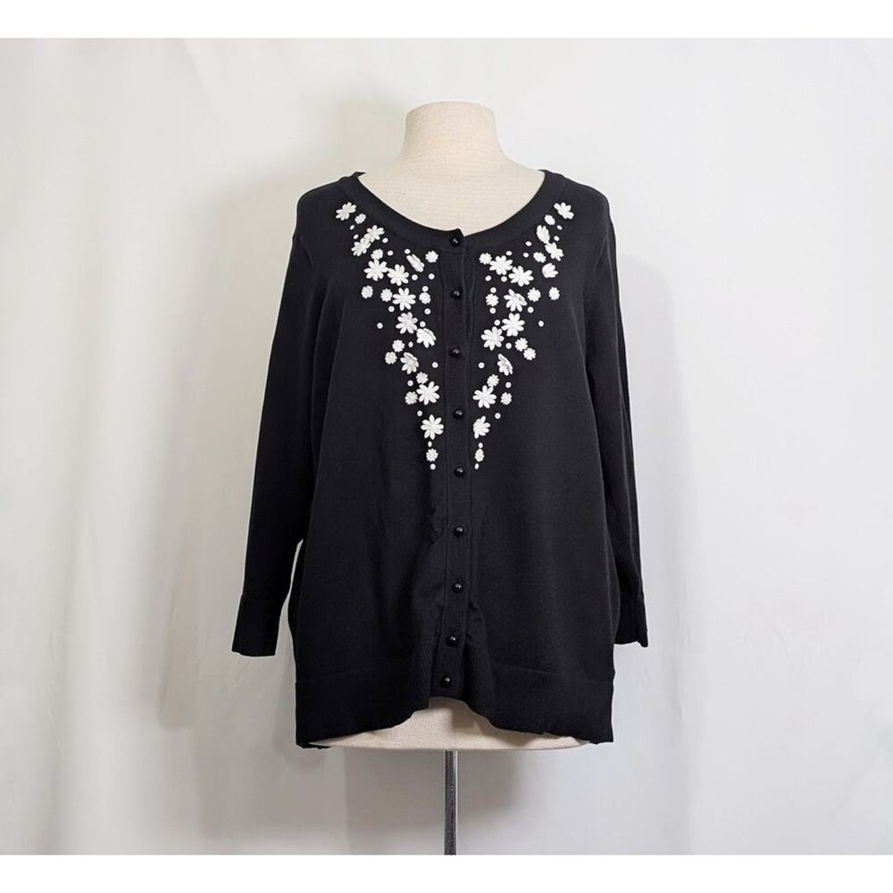 Charter Club Cardigan Sweater Black White Floral Button Front Women's Size 2X